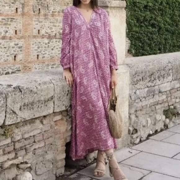 Zara Pink Paisley Cotton V Neck Ballon Sleeve A Line Kaftan Midi Dress Size M - Picture 1 of 13